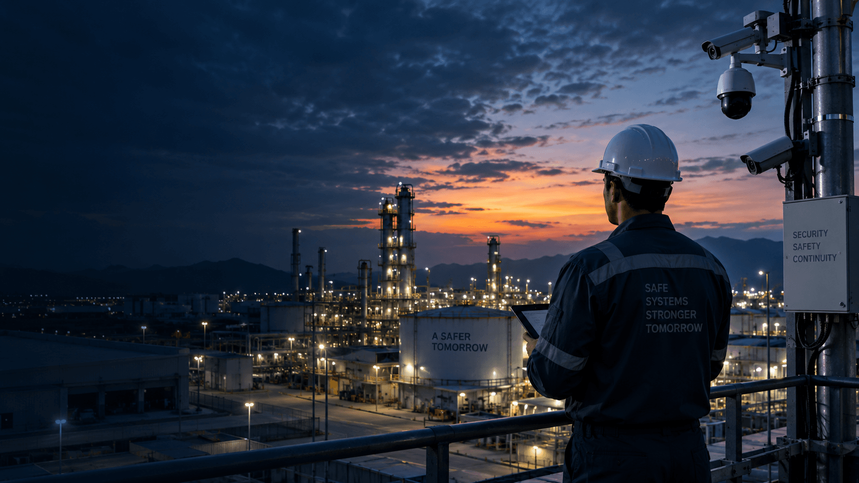 SecureLink engineer overlooking a secured industrial facility at dusk