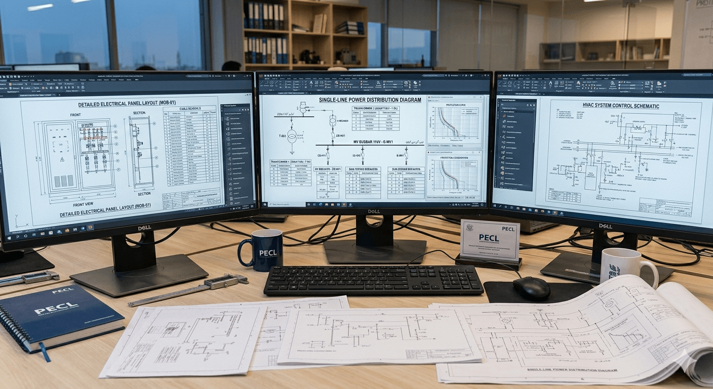 Professional electrical system AutoCAD design with single line diagrams and power distribution schematics