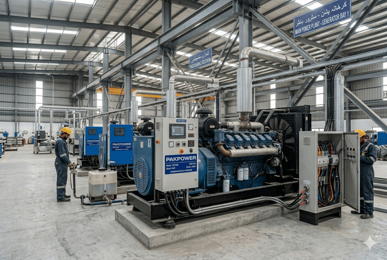 Industrial diesel generator installation with control panel and fuel tank integration