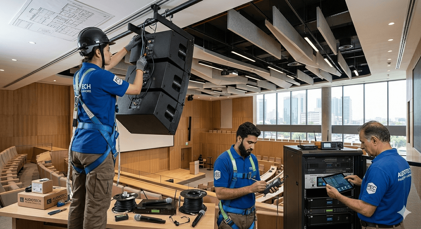Professional PA system installation team setting up speakers in modern building