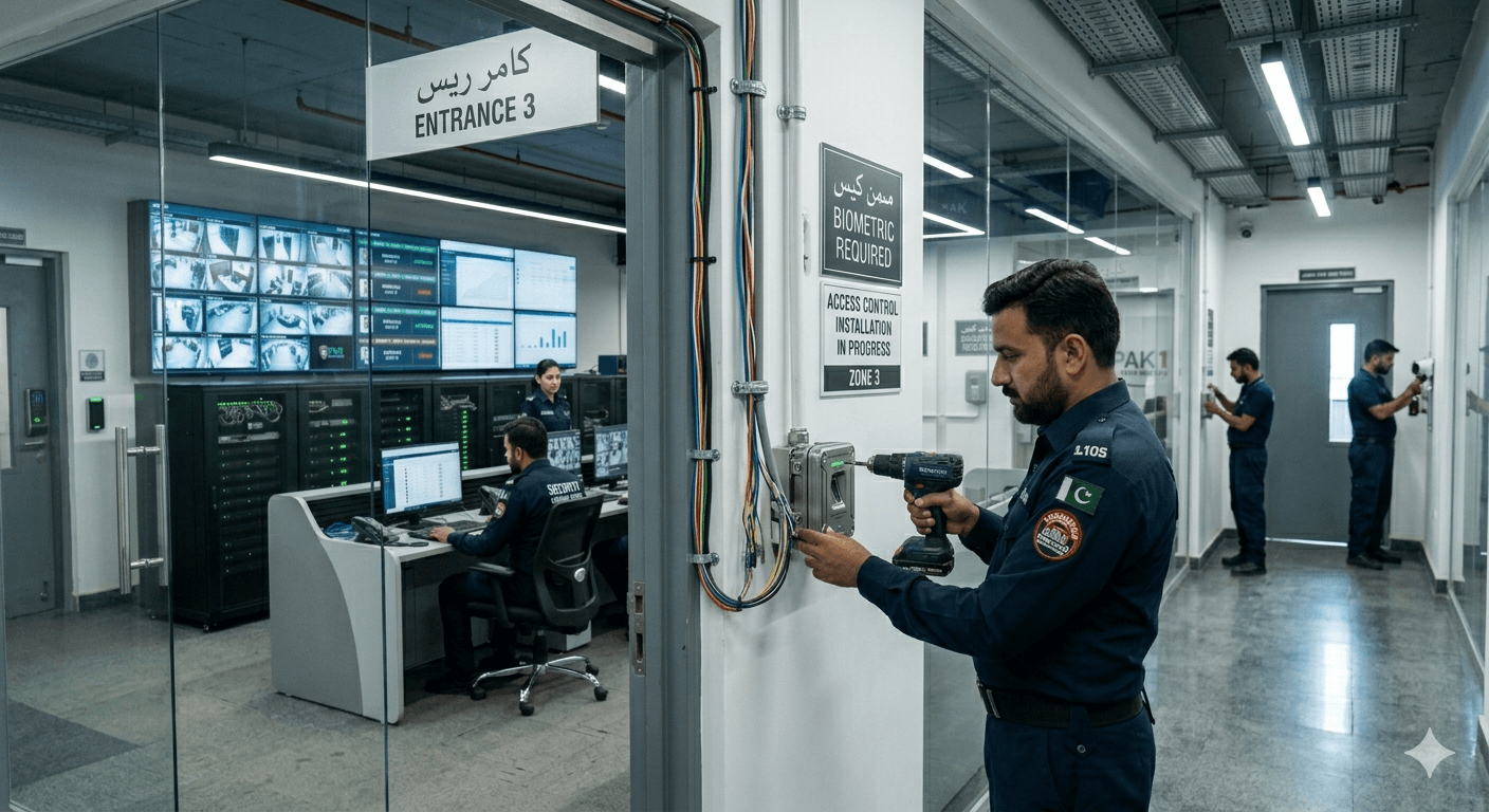 Professional access control system installation with biometric readers and control room setup
