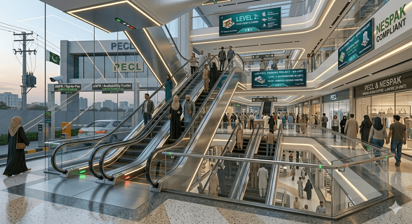 Commercial escalator system with safety features and high capacity for shopping centers