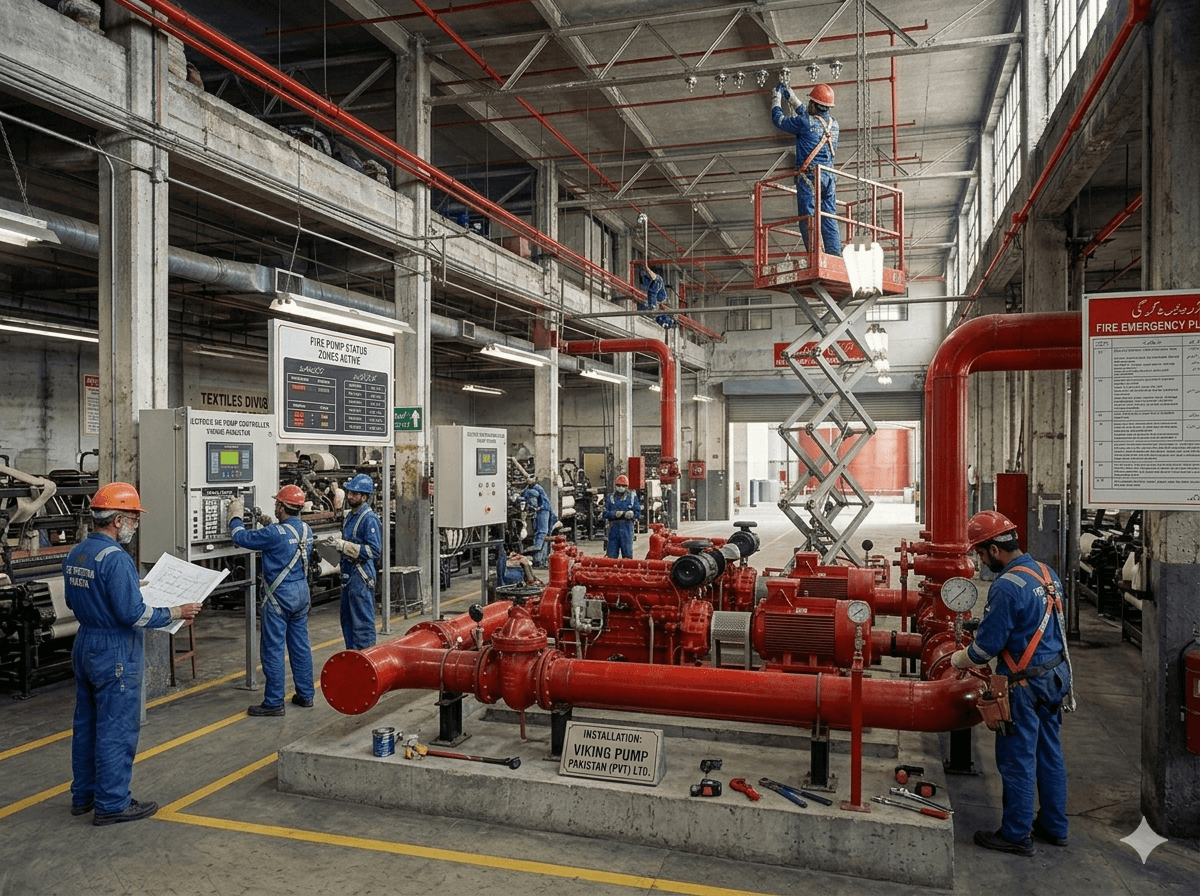 Professional fire suppression system installation in industrial facility