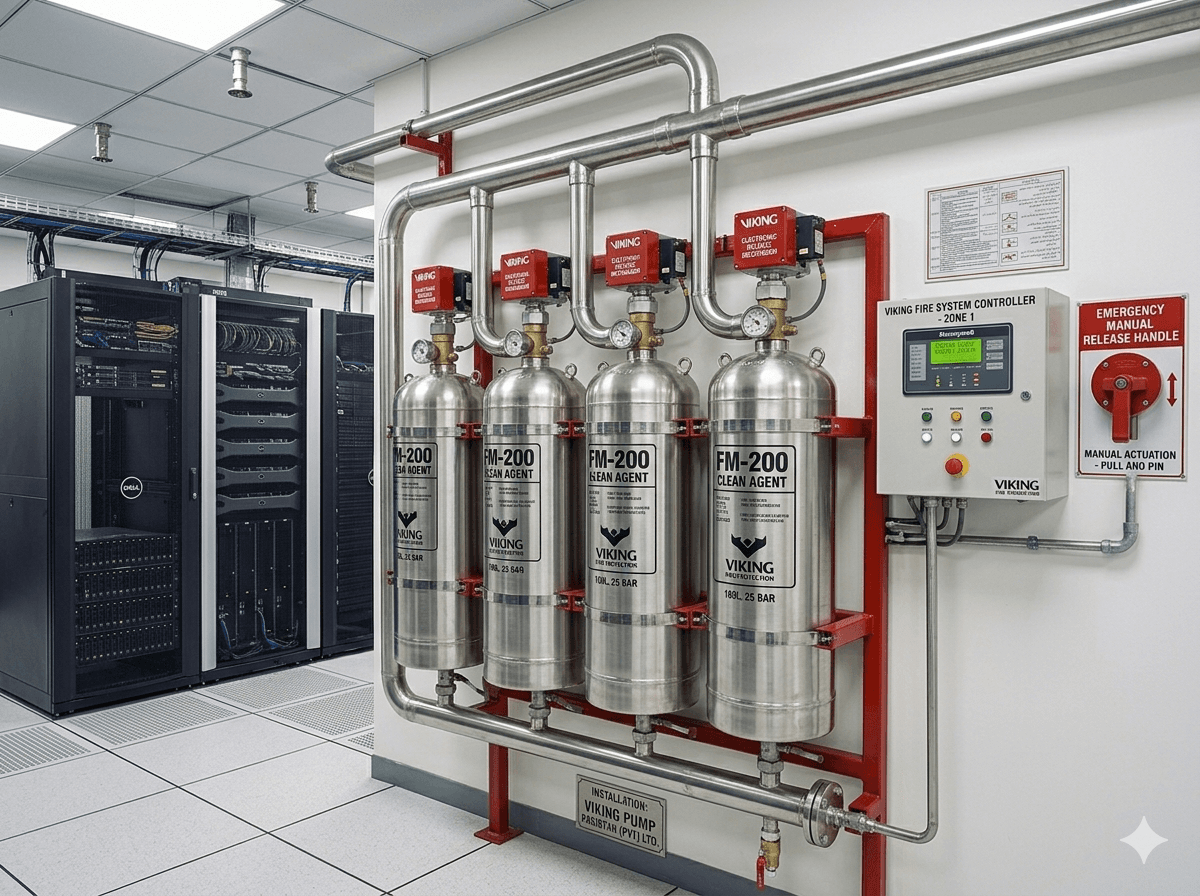 FM-200 and CO2 gas suppression systems for server rooms and clean spaces