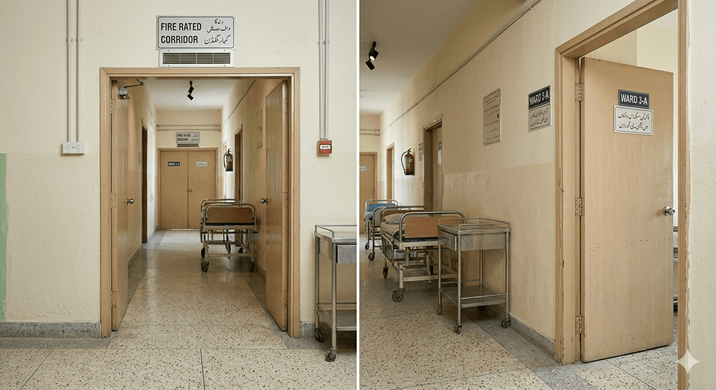 Hospital building before fire-rated door installation with outdated compartmentation