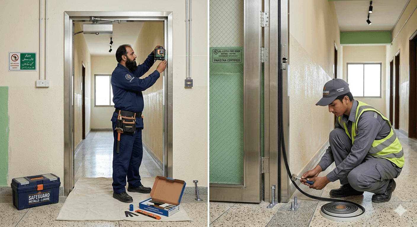 Professional fire-rated door installation with frame and hardware setup