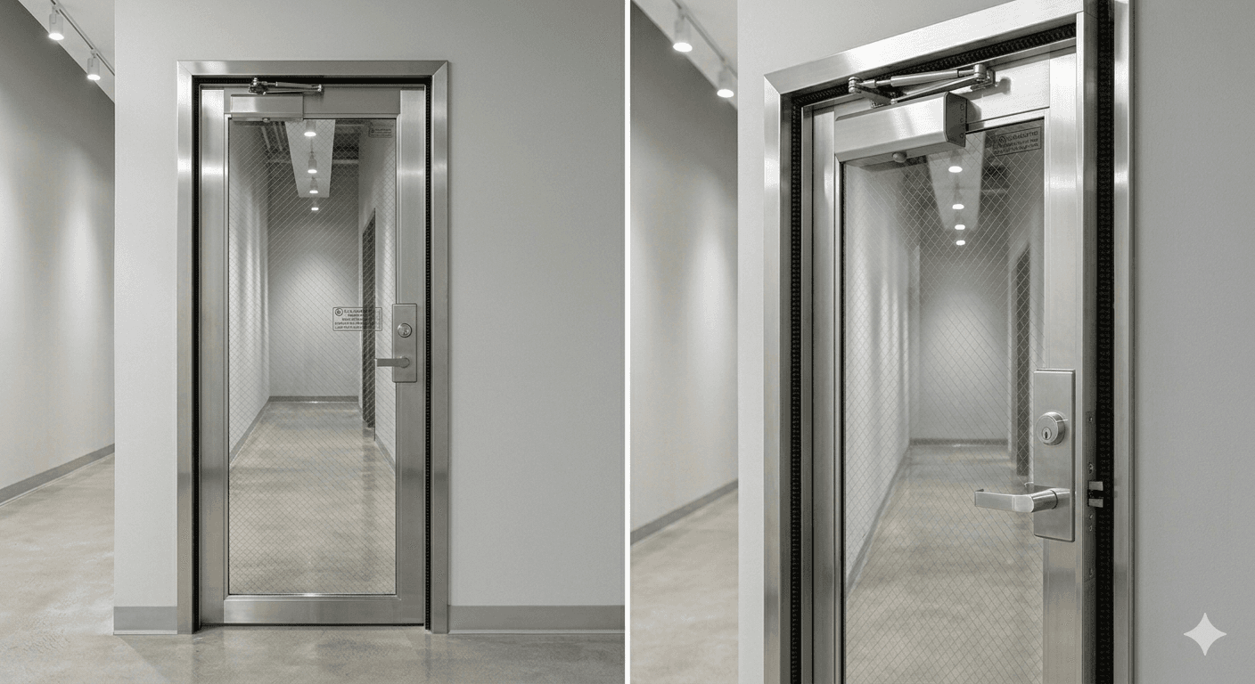 Fire-rated glass door with polished metal frame for visual permeability and safety