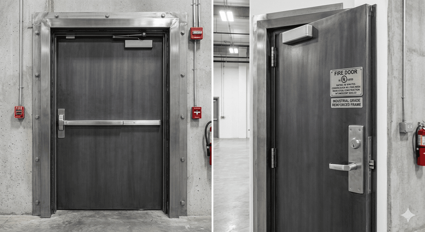 Heavy-duty steel fire door with 60-minute fire resistance rating