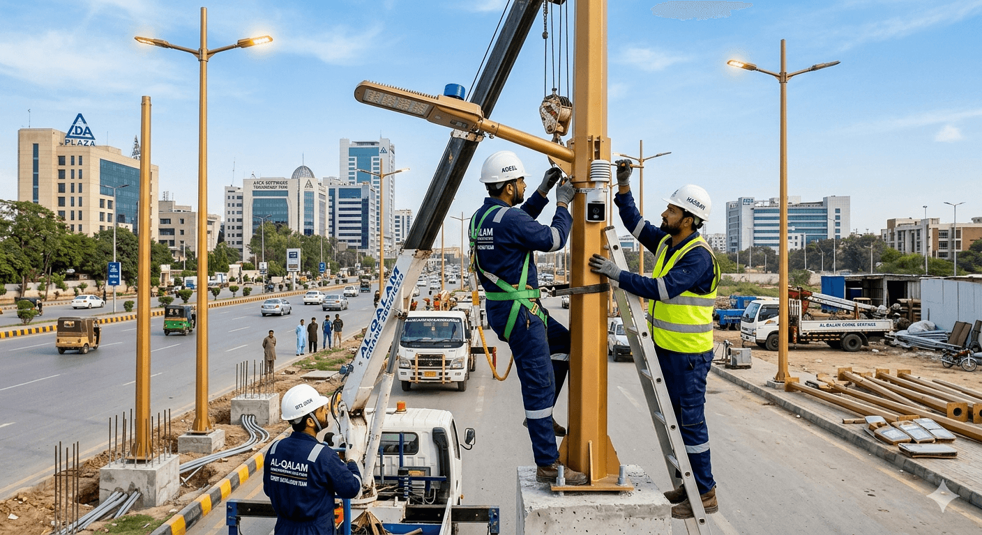 Professional illumination pole installation team setting up lighting infrastructure in modern city