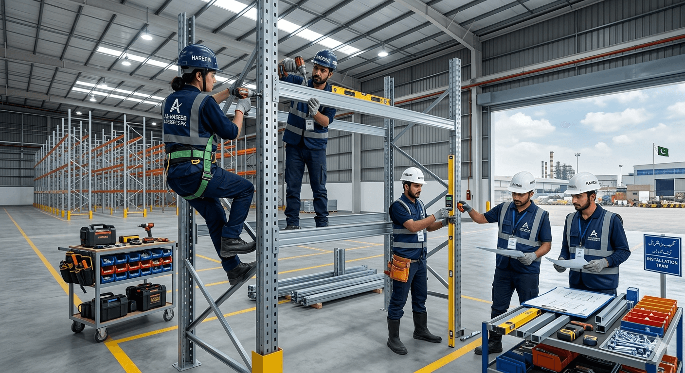 Professional warehouse racking installation team assembling industrial storage systems