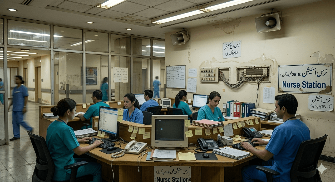 Before installation of nurse call system showing outdated hospital communication setup