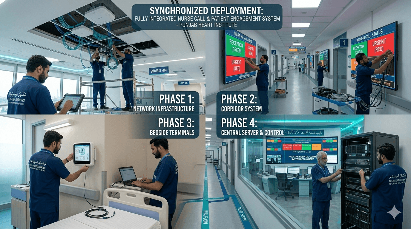 Hospital staff and technicians planning nurse call system installation