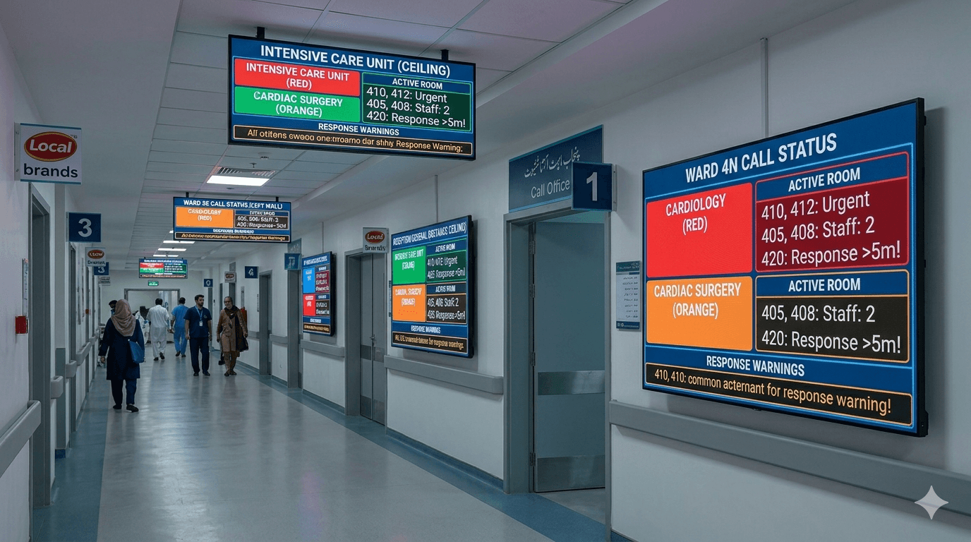 Corridor display panels showing real-time call status
