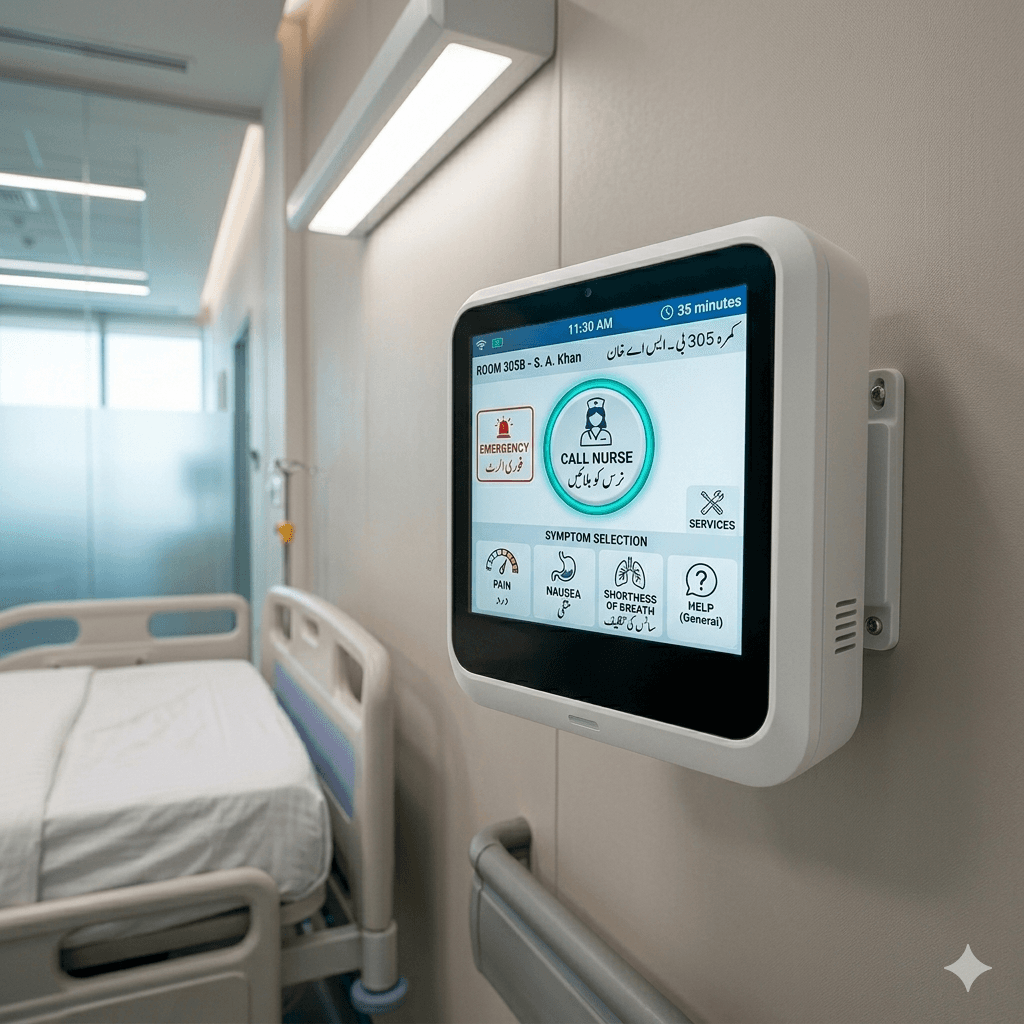Digital call station with touchscreen for patient rooms in modern hospital