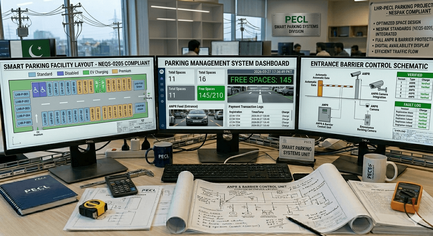 Modern smart parking management system with digital displays showing parking availability and automated barrier gates