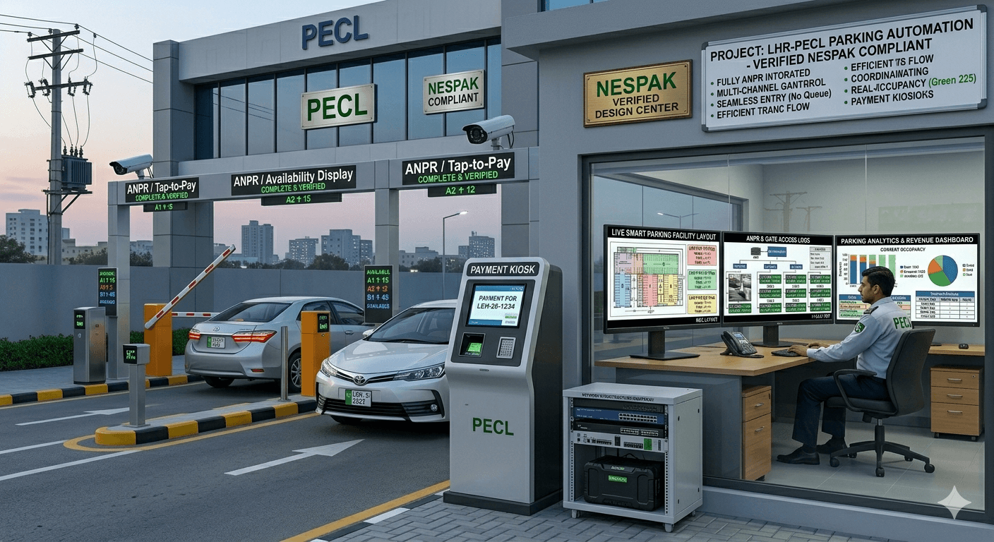 Smart parking management system installation showing barrier gate, ANPR camera, and digital displays