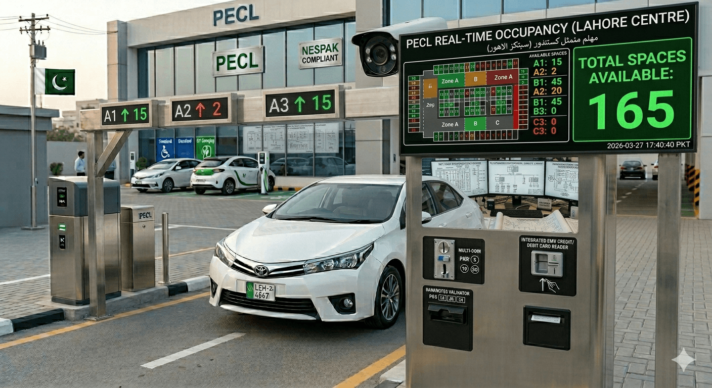 Digital parking occupancy display showing available parking spaces in real-time