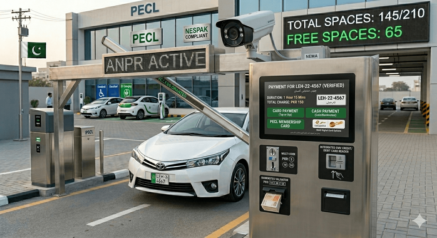 Self-service payment kiosk with card reader and digital screen for parking fee collection